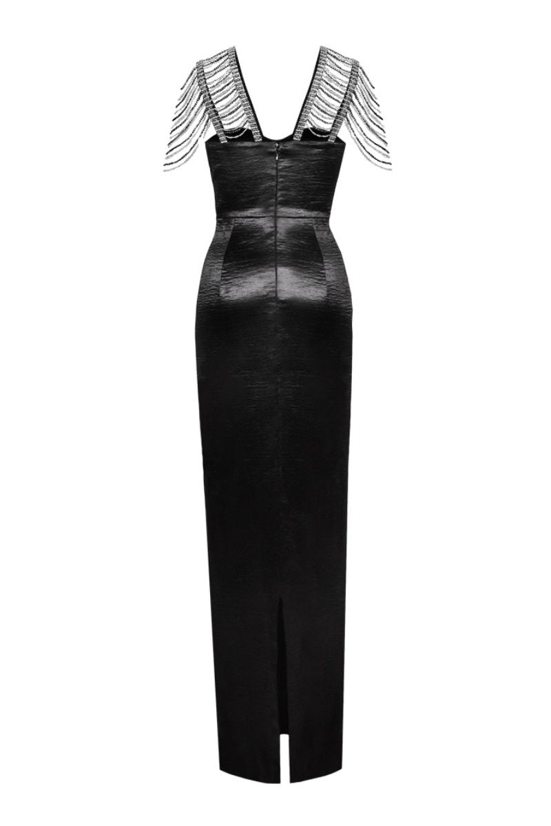 BLACK TEXTURED SATIN SEQUIN PENCIL MAXI DRESS - CULT MIA