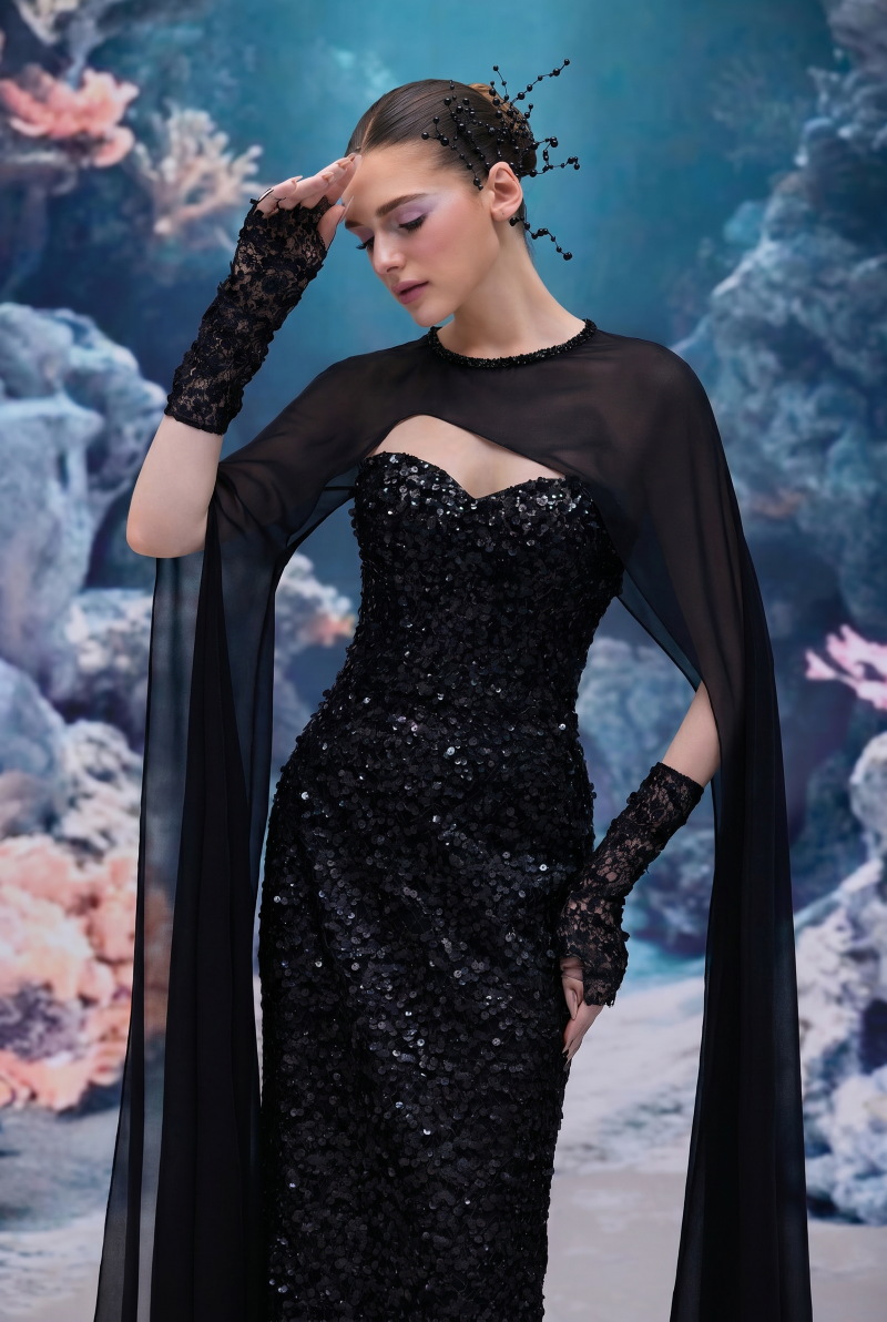 Black Annalise sequined lace gown by 21Six, featuring intricate lace and shimmering sequins, elegant and stylish for formal occasions.