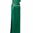 Emerald green Sirena Water Silk Taffeta gown by 21Six, featuring a flowing silhouette and elegant drape.