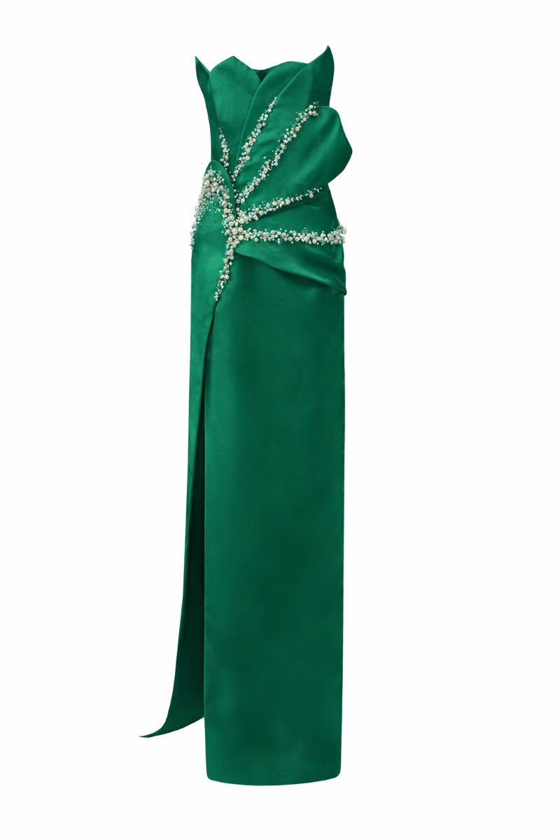 Emerald SIRENA Water Silk Taffeta gown by 21Six, featuring a flowing silhouette and elegant drape, perfect for formal occasions.