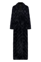 Black luxurious vegan fur maxi coat by Lili Blanc, featuring a plush texture and elegant design.