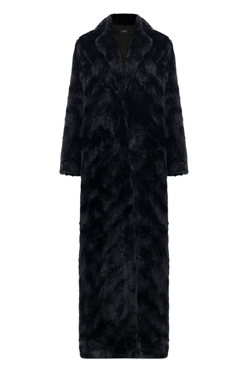 Black luxurious vegan fur maxi coat by Lili Blanc, featuring a plush texture and elegant design.