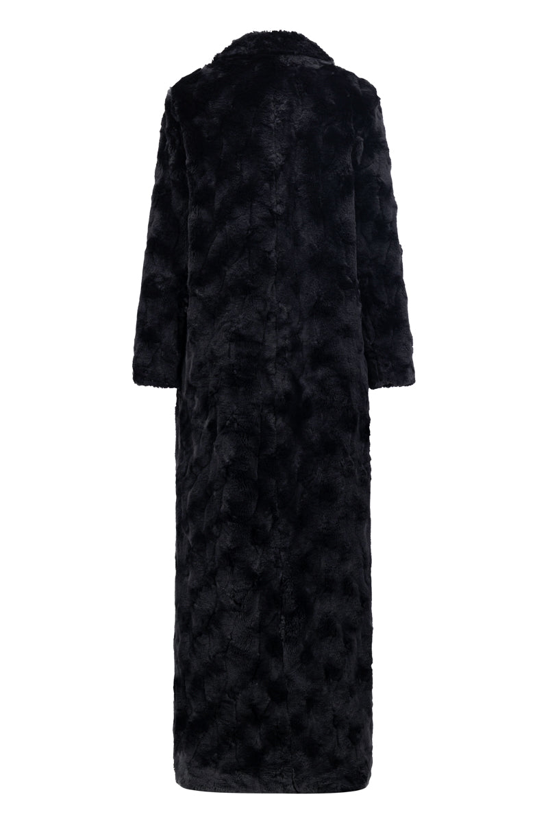 Black vegan fur maxi coat by Lili Blanc, featuring plush texture and elegant design, perfect for stylish winter wear.