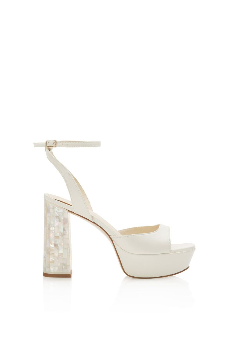 Ivory Margot leather block pearl heels by Freya Rose, featuring elegant design with pearl accents and sturdy block heel.