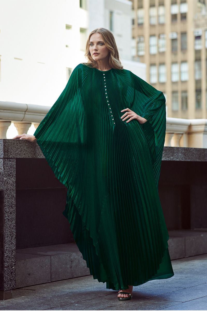 CRYSTAL-EMBELLISHED PLISSÉ-SATIN MAXI DRESS IN GREEN - CULT MIA