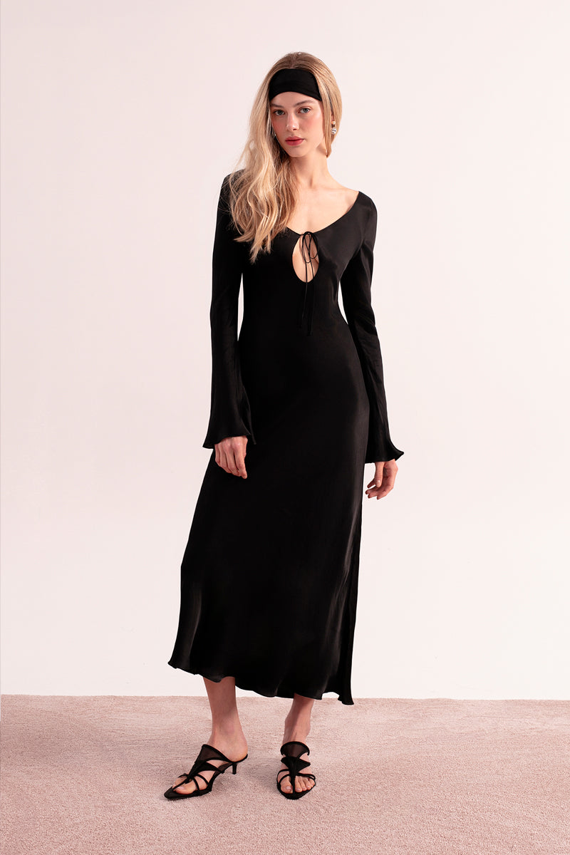 OvertheSea black insomnia midi dress featuring a sleek, elegant design with a fitted waist and stylish midi length.