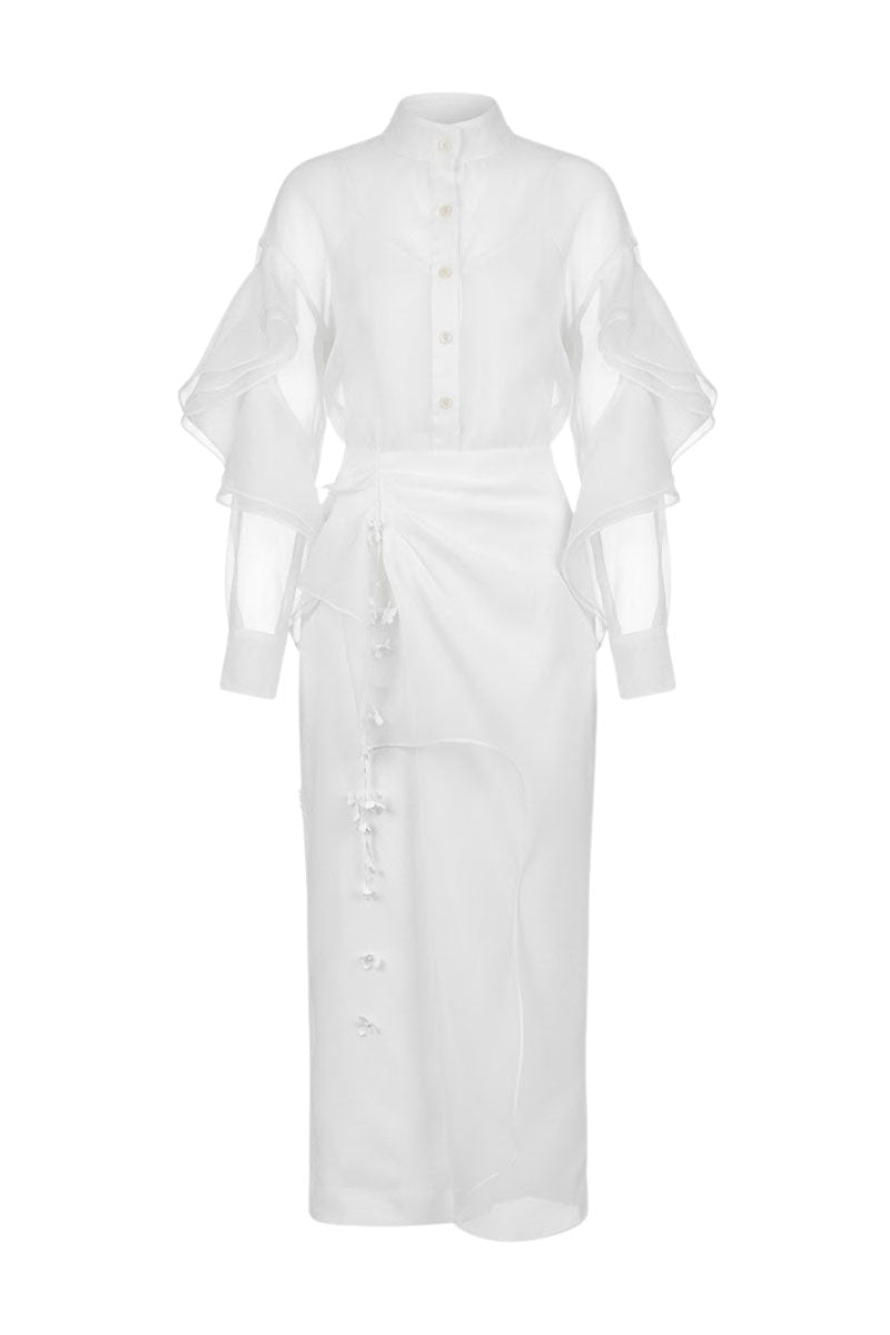 White Plan Lindsay shirt and bone co-ord skirt set, featuring a stylish white shirt and matching bone skirt on display.