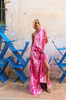 Sisters Amie Maxi Dress in Orchid Glow, flowing floral maxi dress with vibrant orchid pattern, perfect for elegant summer wear.
