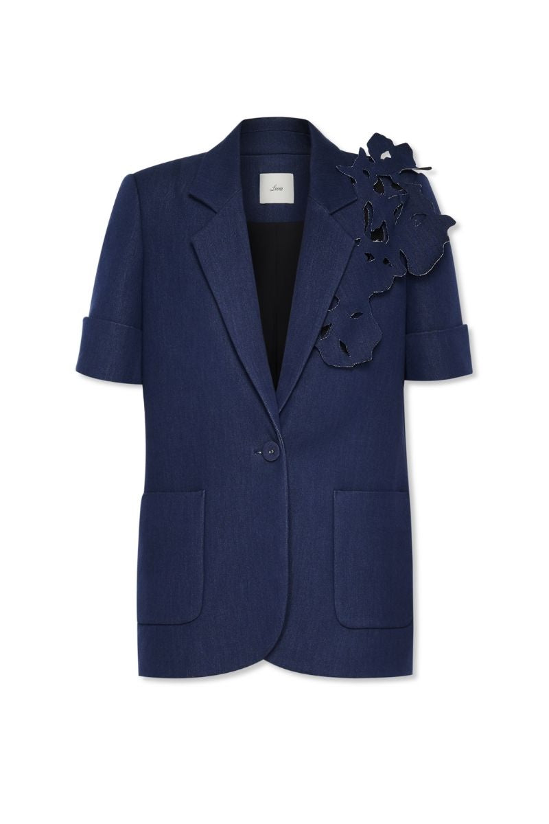 BLACK 3D APPLIQUE FLORAL HALF SLEEVE BLAZER - CULT MIA