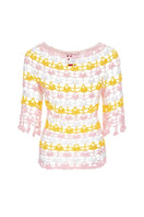 Handmade crochet top by Andreeva featuring vibrant pink and yellow Bird of Paradise floral design, short sleeves, and fitted style.