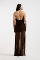 Deme By Gabriella Tess draped brown maxi dress with flowing fabric and elegant silhouette, perfect for formal or casual occasions.