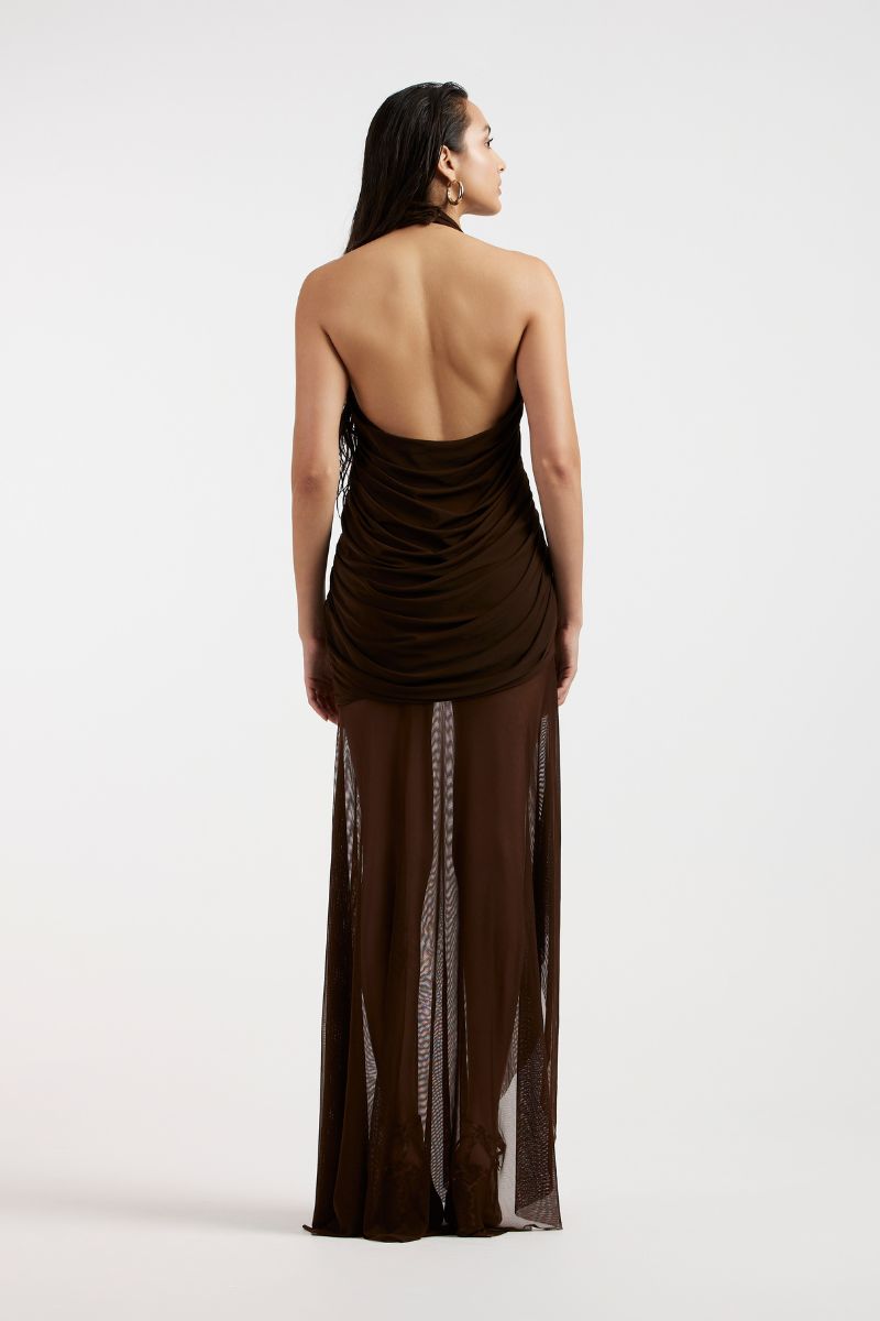 Deme By Gabriella Tess draped brown maxi dress with flowing fabric and elegant silhouette, perfect for formal or casual occasions.