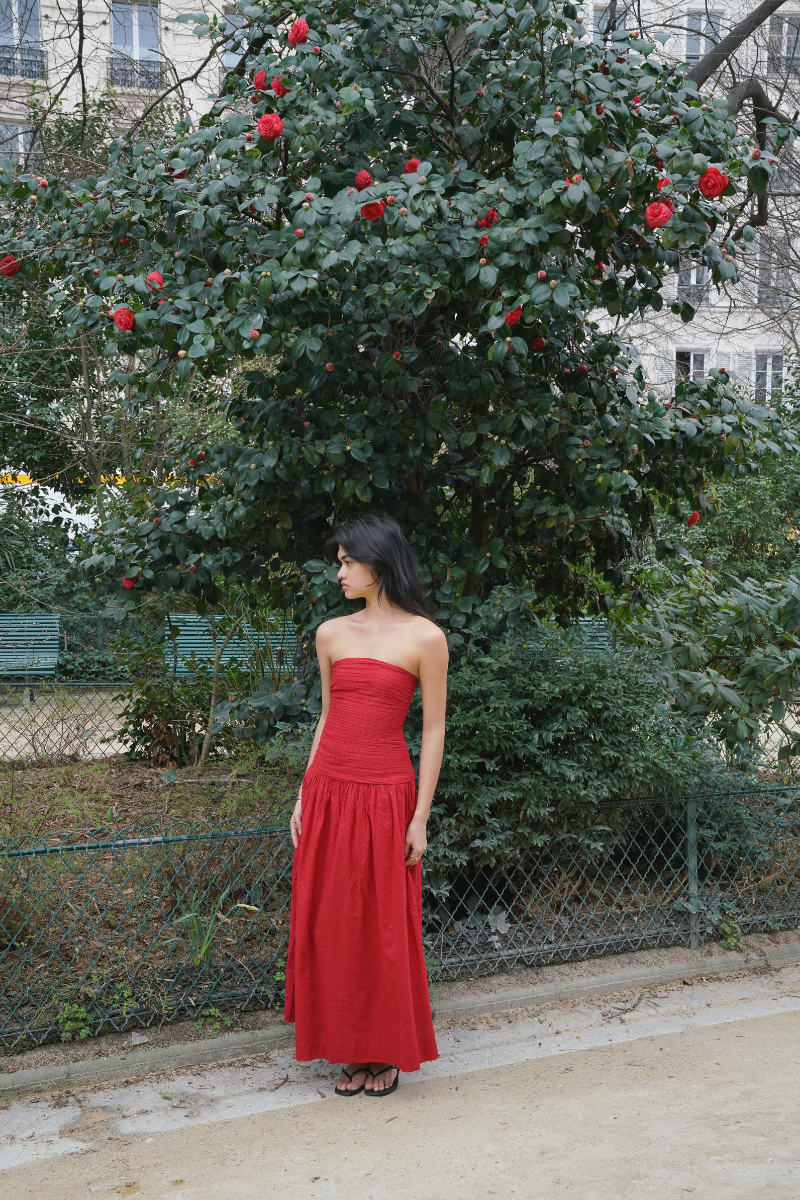 Summer Away Florence maxi dress in cherry with a flowing silhouette and strapless design, perfect for warm weather occasions.