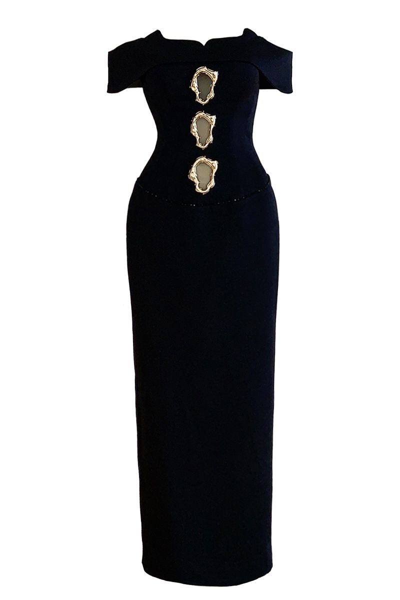 Elegant off-shoulder gown by Do Long, featuring a flowing design and intricate detailing, perfect for formal occasions.