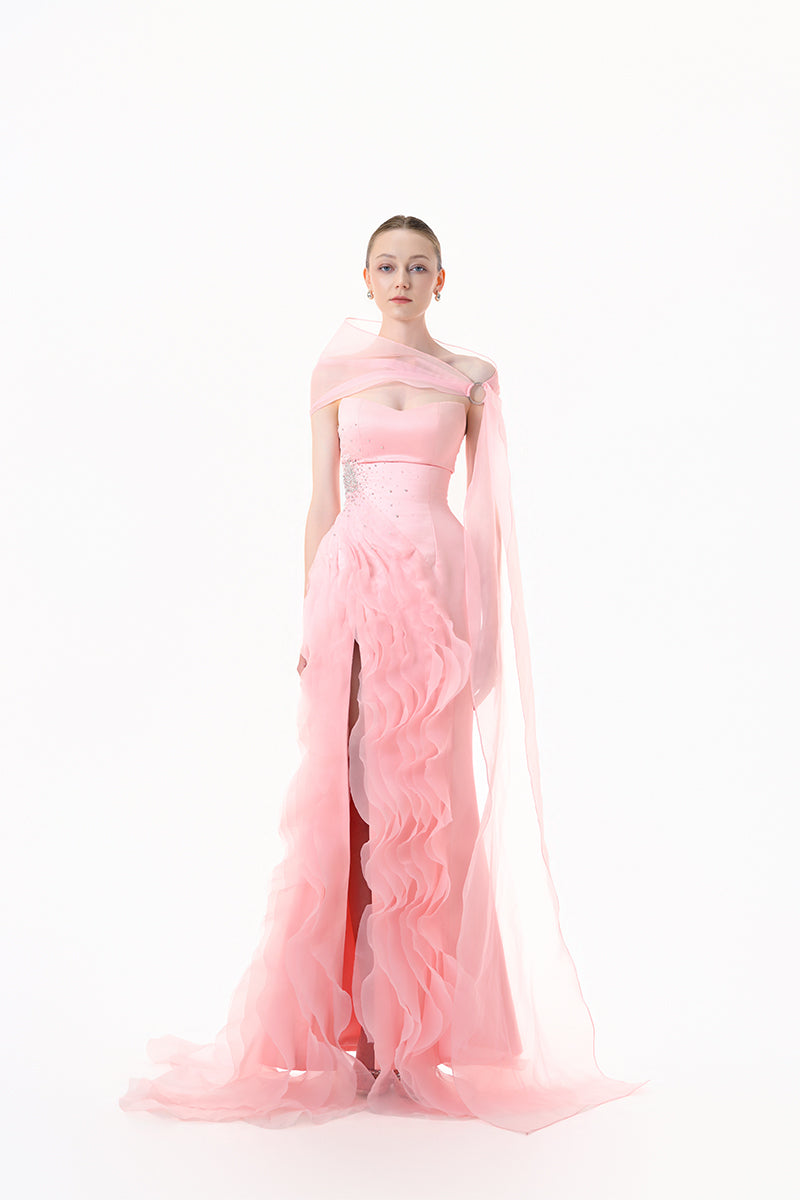 Blush pink draped ruffle gown by Happy Clothing featuring flowing fabric and elegant ruffle details.