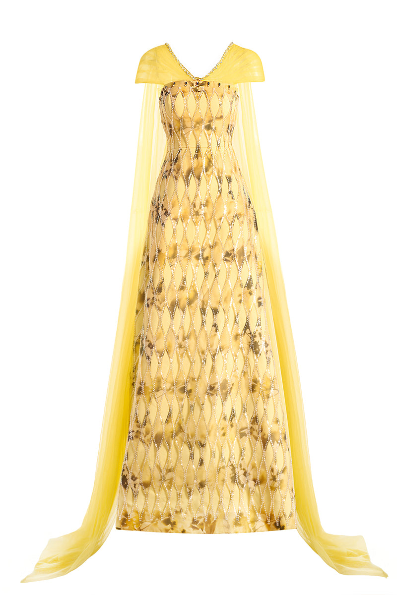 YELLOW V-NECK A LINE DRESS