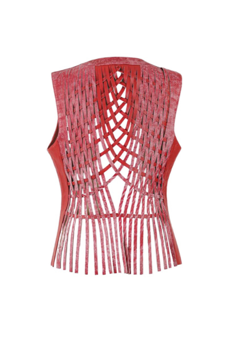 Red Attalea leather vest by Double A, featuring a stylish fit and smooth leather texture, shown on a mannequin.