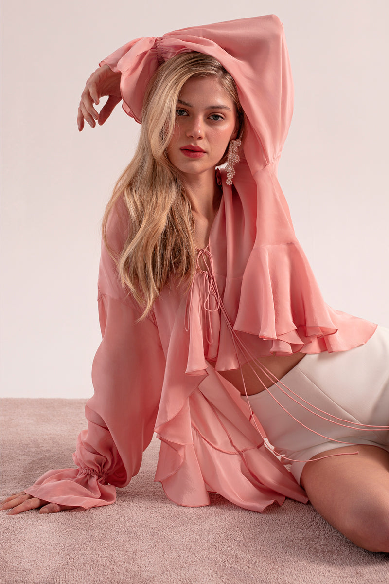 OvertheSea pink splash blouse, a stylish women's tops with vibrant, abstract design and flowy fabric.