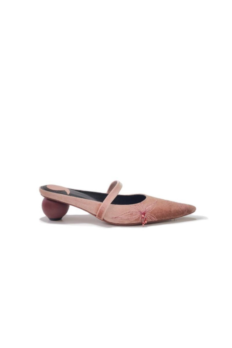 Christin Wu Sarai dusty pink velour mules heels showing the soft fabric and stylish slip-on design
