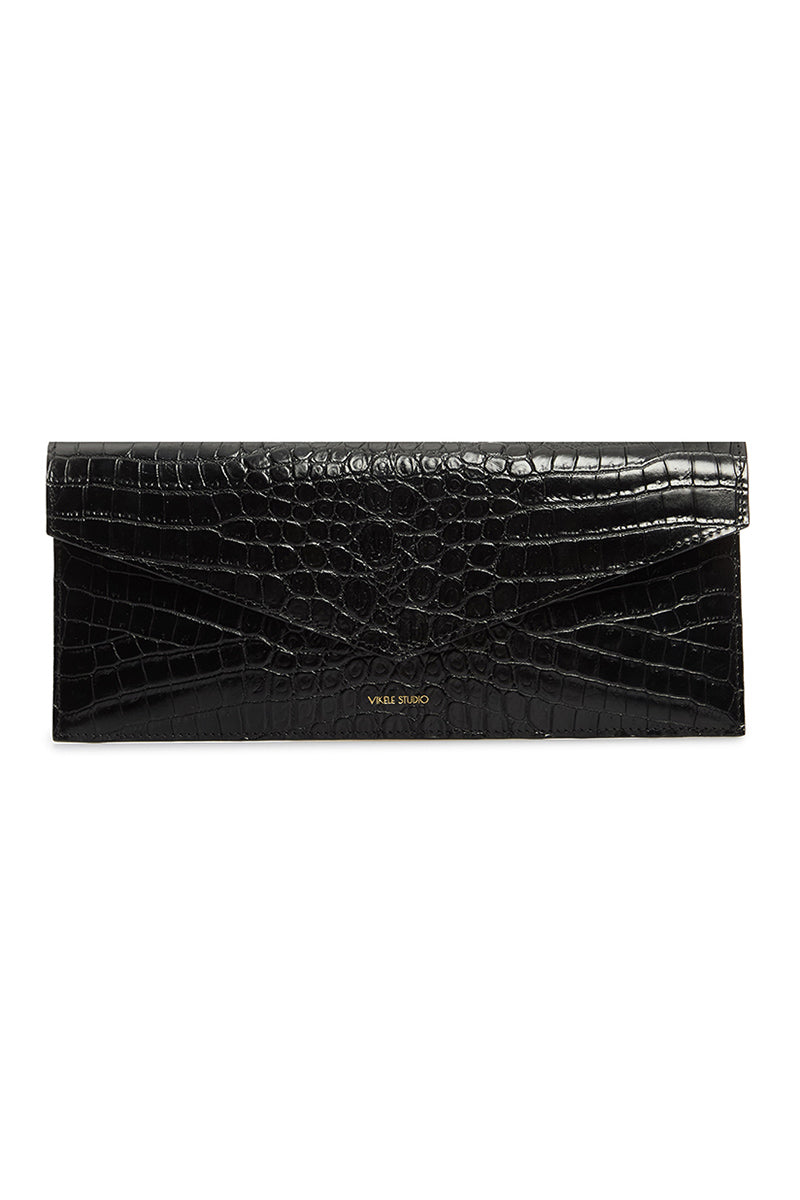 Black Vikele Studio opera clutch with sleek design, featuring a smooth surface and elegant craftsmanship.