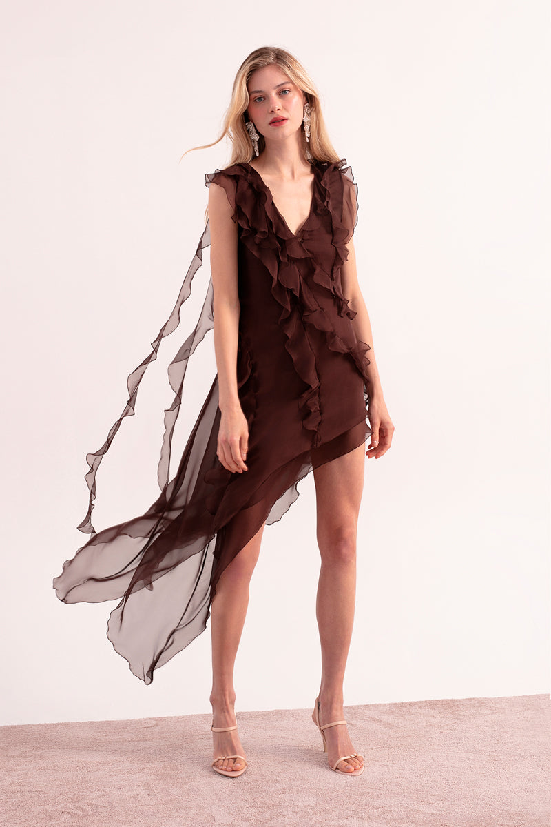 OvertheSea Mirage brown mini dress, stylish sleeveless dress with a fitted silhouette, perfect for casual or evening wear.
