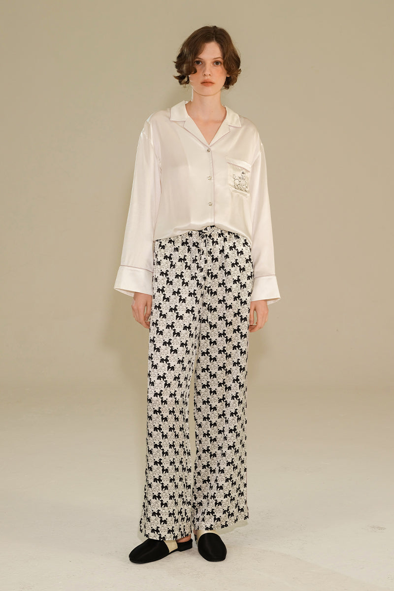 Diamond Poodles contrast silk pajama set from Not Just Pajama, featuring luxurious silk fabric with poodle pattern details.