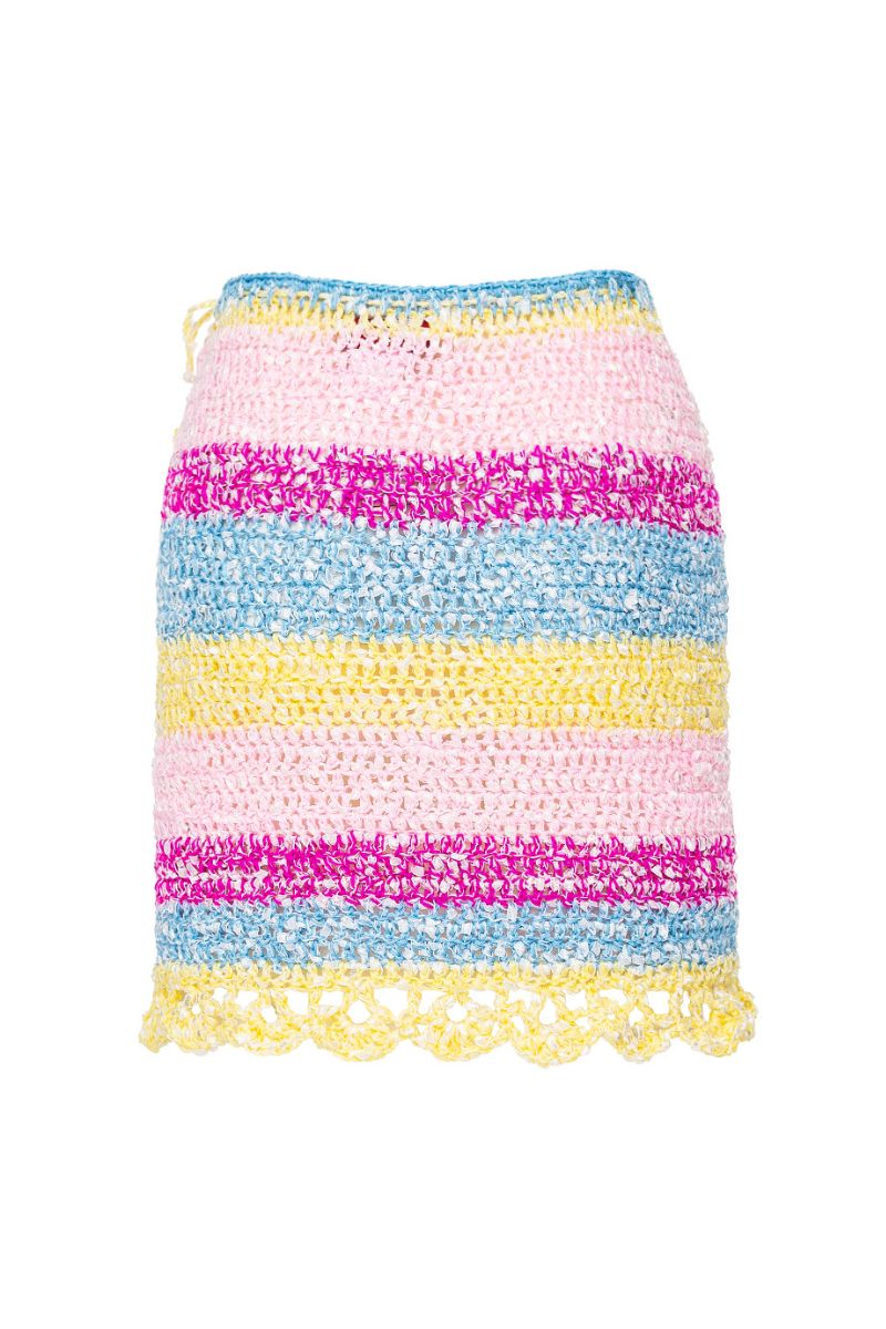 Andreeva handmade mini crochet skirt featuring a vibrant bird of paradise floral pattern, lightweight and stylish for warm weather.