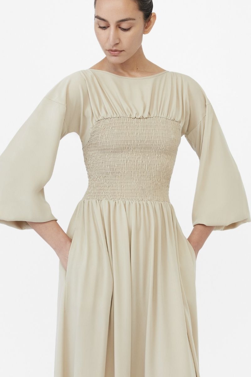 SMOCKED CUPRO MIDI DRESS - CULT MIA