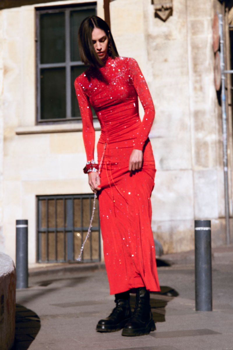 JERSEY MAXI DRESS WITH CRYSTAL ACCESSORIES AND RHINESTONES - CULT MIA