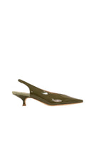 A pair of AERA Silvana green patent-effect slingback pumps with pointed heels and sleek design on a white background.