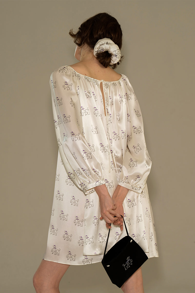 DIAMOND POODLES WHITE SILK PUFF SLEEVE DRESS - CULT MIA