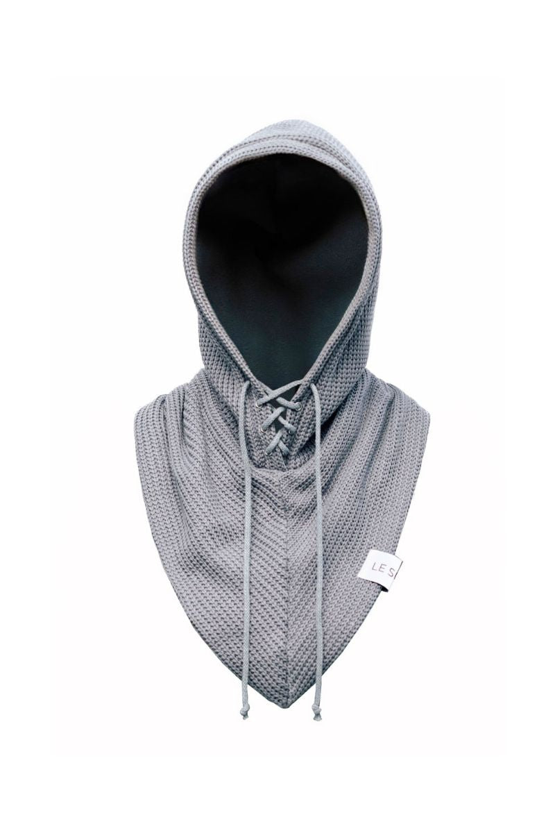 Gray balaclava hat by LE SH KA, close-up showing soft fabric and snug fit, ideal for cold weather and outdoor activities.