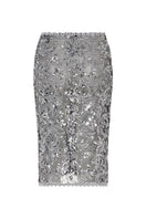 Silver embroidered midi skirt by Mirel Prentice featuring intricate embroidery and a flowing midi length fabric.