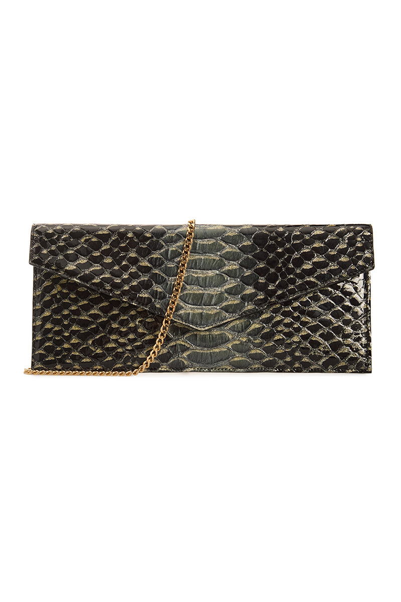 VIKELÉ Studio opera clutch in python with sleek design, showcasing its textured python leather and elegant shape.