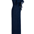 Dark blue GVLUX asymmetric draped shoulder A-line gown, elegant evening dress with flowing fabric and stylish design.