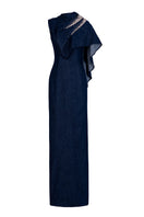 Dark blue GVLUX asymmetric draped shoulder A-line gown, elegant evening dress with flowing fabric and stylish design.