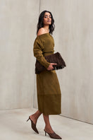 Deme By Gabriella Aubrey co-ord set in sand green, featuring matching top and pants, styled for a casual yet chic look.