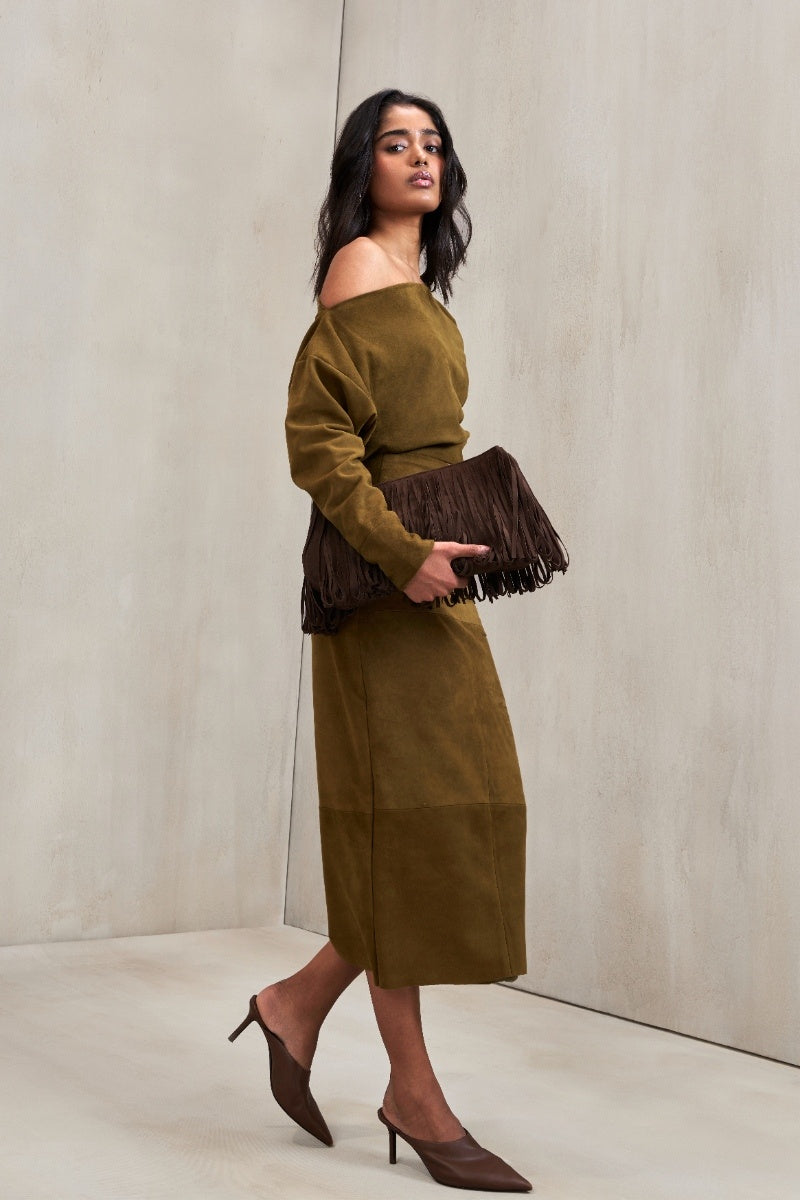Deme By Gabriella Aubrey co-ord set in sand green, featuring matching top and pants, styled for a casual yet chic look.
