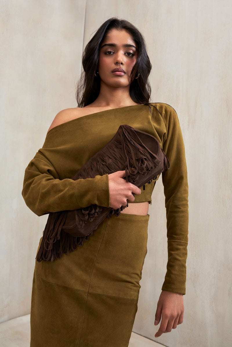 Deme By Gabriella Aubrey co-ord set in sand green, featuring matching top and pants, casual chic style, photographed against a neutral background.