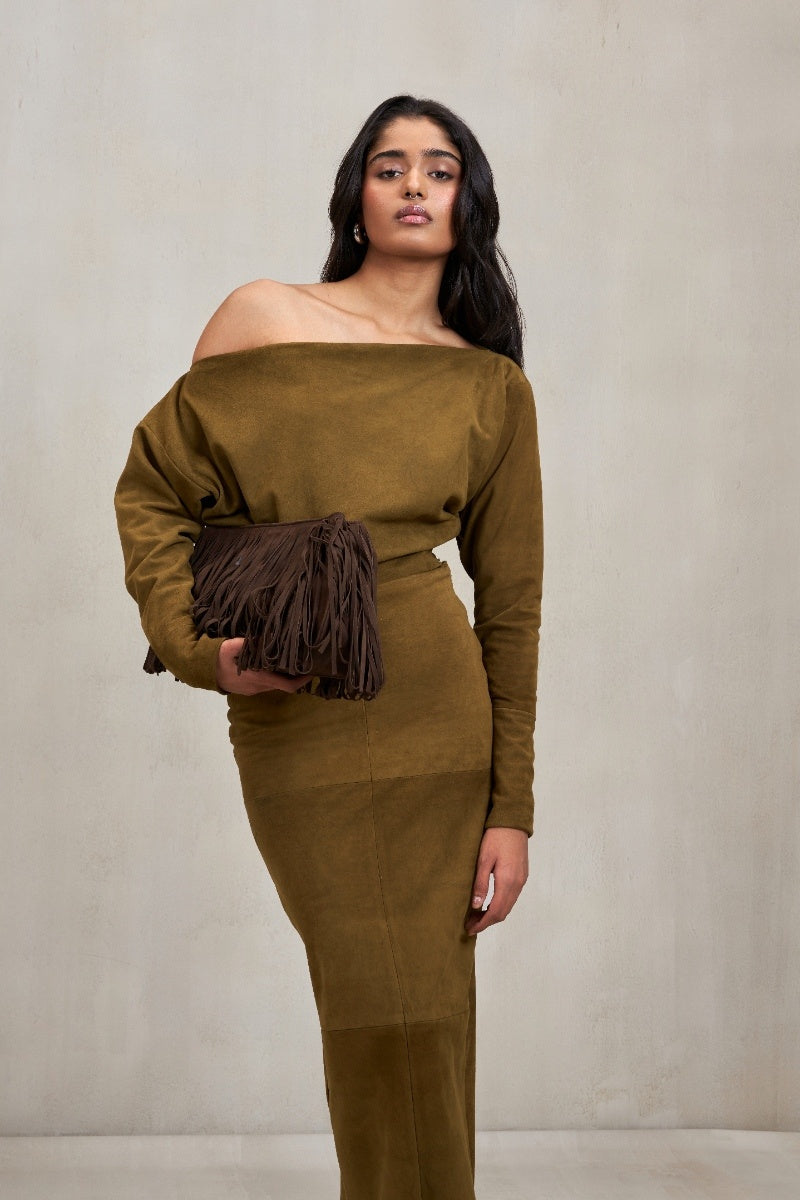 Deme By Gabriella Aubrey co-ord set in sand green, featuring matching top and pants, stylish and comfortable for casual wear.