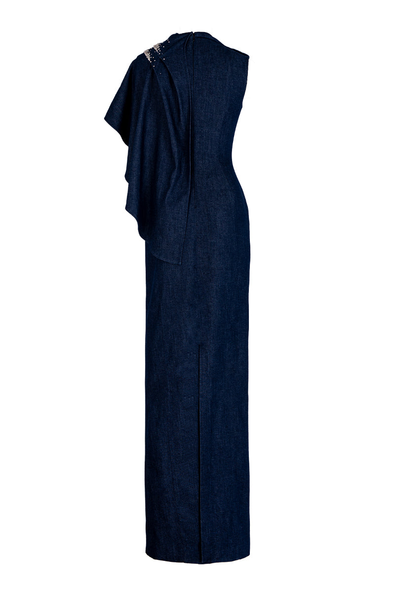 Dark blue GVLUX asymmetric draped shoulder A-line maxi dress displayed on a hanger, highlighting elegant design and flowing fabric.