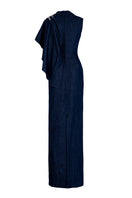 Dark blue GVLUX asymmetric draped shoulder A-line gown with elegant design, flowing fabric, and stylish silhouette.