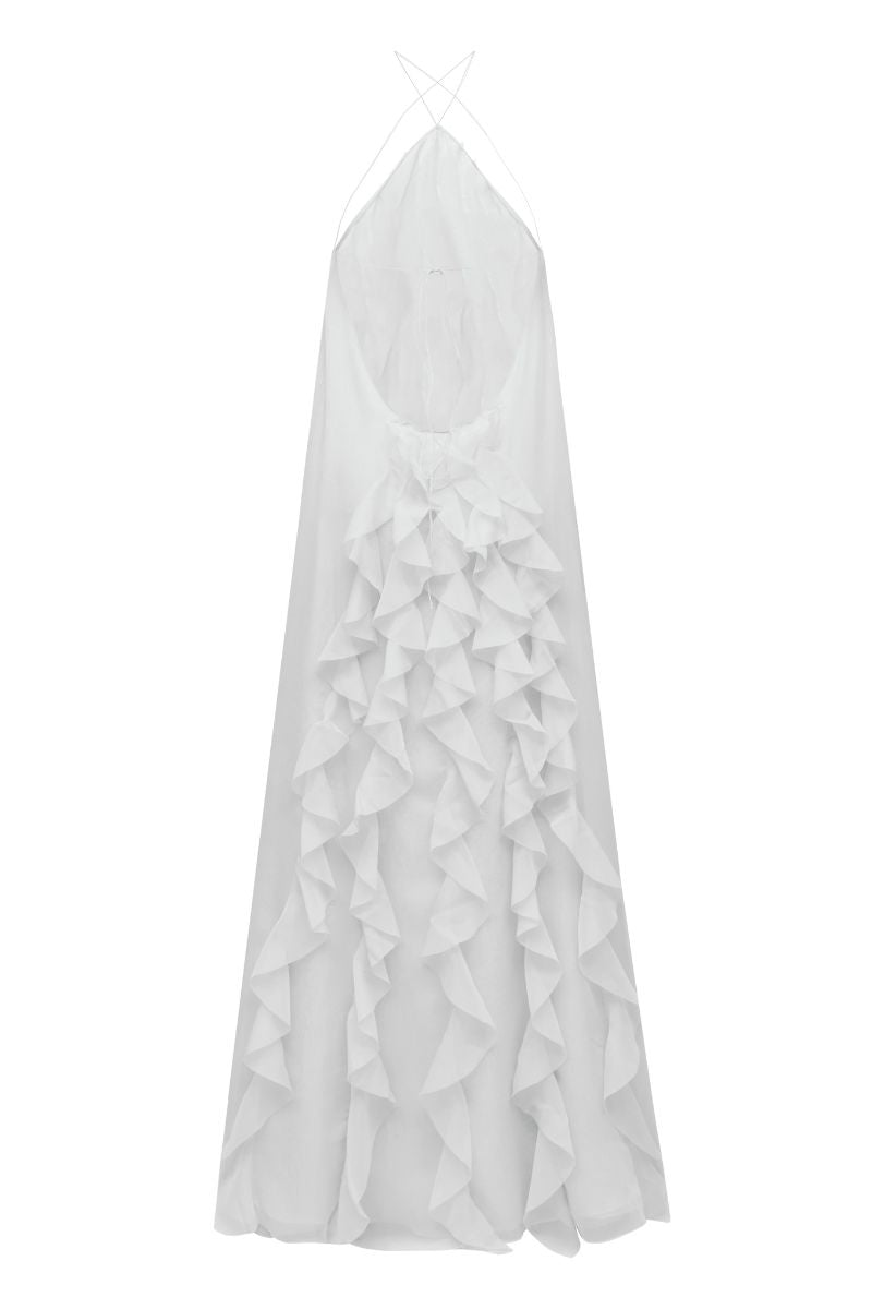 White AQUA maxi dress by OVERTHESEA featuring a flowing design and elegant silhouette, perfect for summer or casual occasions.
