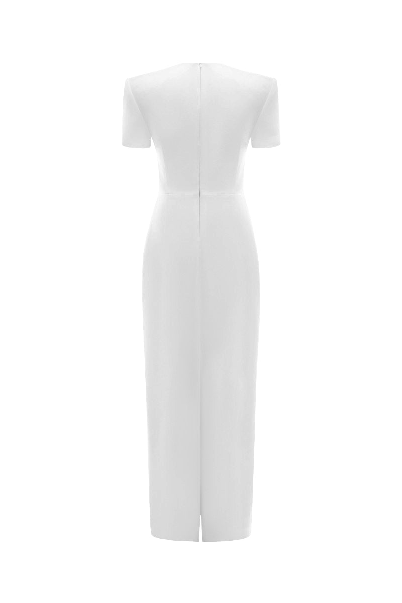 LEKIEU Bonn white midi dress displayed on a hanger, showcasing lightweight fabric and elegant design for casual or dressy occasions.