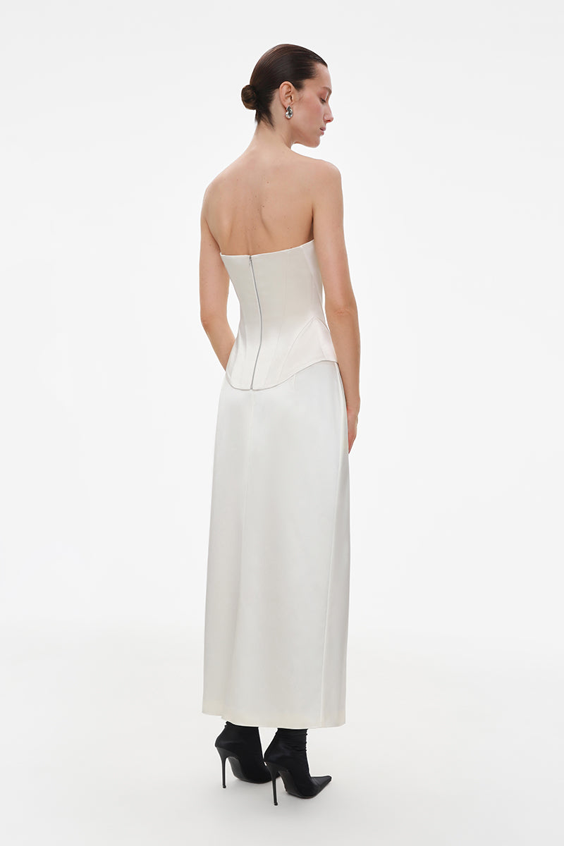 Ivory satin midi skirt by Elenareva, flowing and elegant with a smooth, shiny fabric and a midi length silhouette.