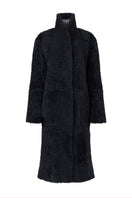 Verheyen Zina biker shearling black coat with wide lapels and belt, showcasing a stylish, warm outerwear design.