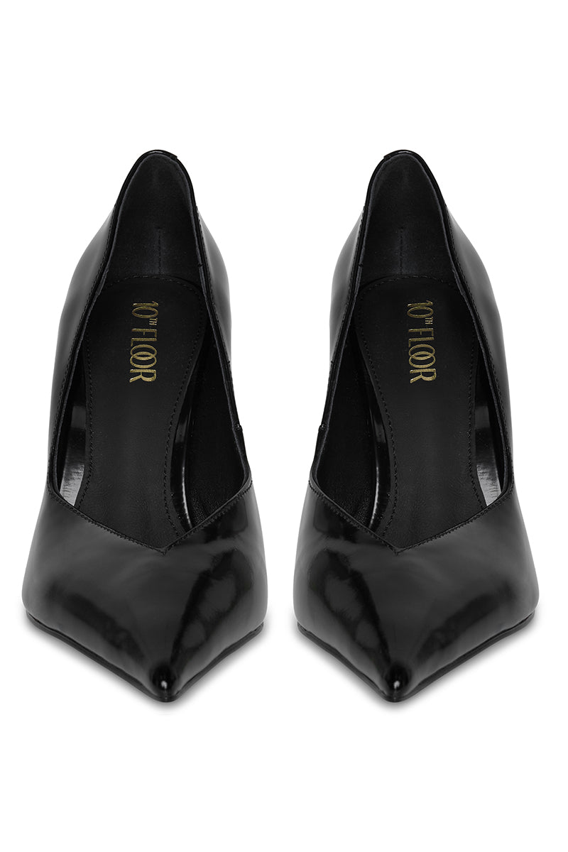Black 10th Floor Uptown heel with pointed toe and stiletto heel, stylish women's footwear for elegant occasions.