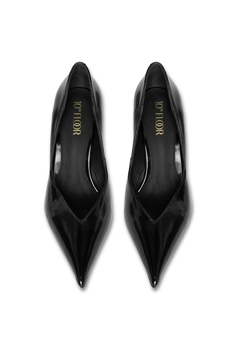 Black 10TH FLOOR Uptown heel with pointed toe and stiletto heel, stylish footwear for women.