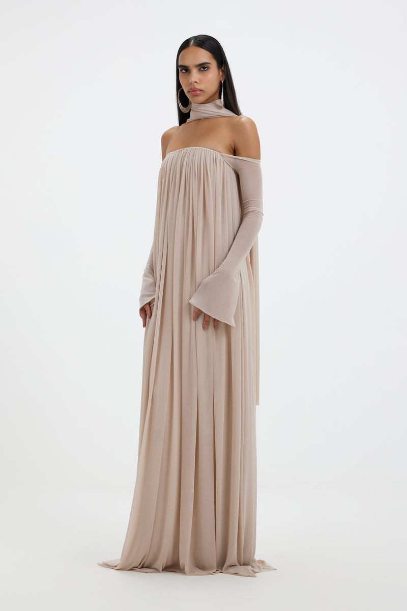 Deme By Gabriella Becki maxi dress in flowy fabric with a fitted waist and elegant design, ideal for summer or formal occasions.