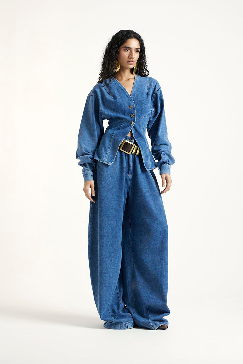 Deme By Gabriella indigo co-ord set featuring a stylish top and matching bottoms, perfect for casual or chic looks.
